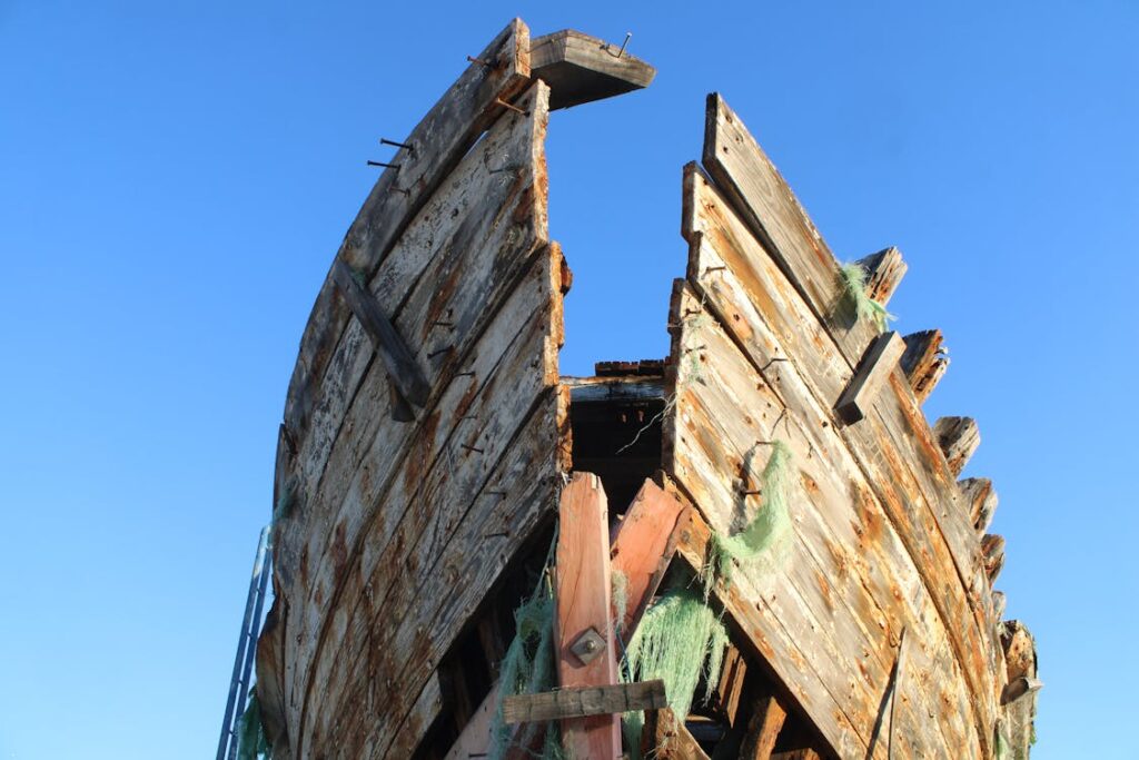 damaged wooden boat